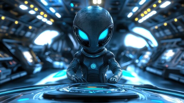 A futuristic alien character operates a control panel in a high-tech spacecraft interior.
