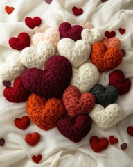 Felt 3D Valentine&rsquo;s Day hearts on a light-colored background with scattered smaller hearts