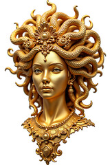 Obraz premium A detailed bust of Medusa, rendered in a rich golden hue, features intricate detailing of snakes in her hair, a lavish necklace, and a serene facial expression.
