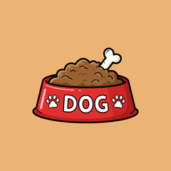 A cartoon illustration of a red dog bowl filled with dog food and a bone.