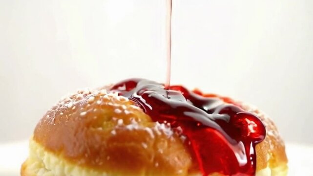 Strawberry burst cronut with jam squeezed to erupt into red ribbons, glossy finish with white background, soft lighting highlighting the filling