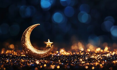 Glittering crescent moon and star decoration on shimmering background, enchanting night scene with bokeh lights