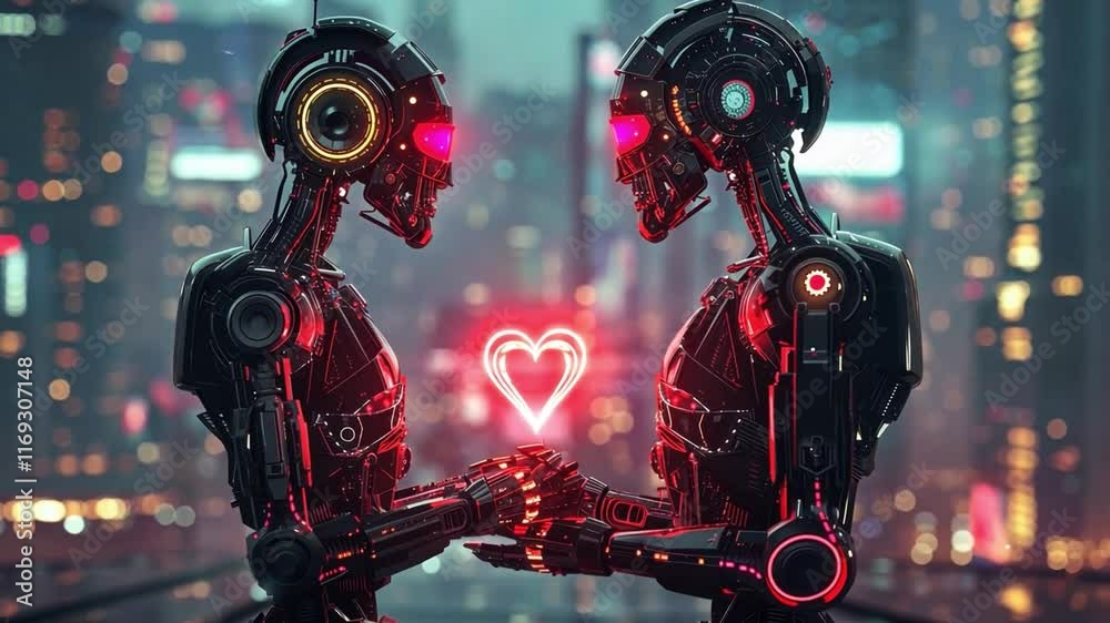 Poster in a vibrant, neon-lit city, two advanced robots express affection by holding hands and forming a gl