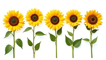 Obraz premium Vibrant Yellow Sunflowers in a Perfect Row with Green Leaves and Stems