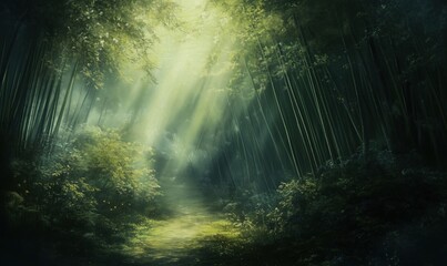 Obraz premium Serene Bamboo Forest with Sunlight Streaming Through Lush Greenery, Pathway Leading into Tranquil Nature