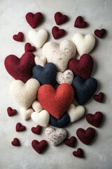 Obraz premium Felt 3D Valentine’s Day hearts on a light-colored background with scattered smaller hearts.