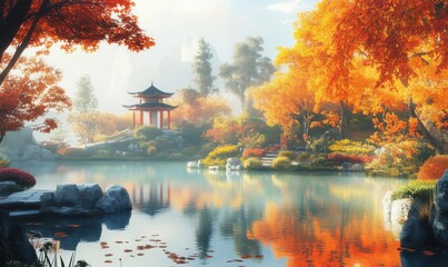 Serene Autumn Landscape with Traditional Pavilion, Vibrant Orange Foliage, Reflective Lake, and Majestic Mountains