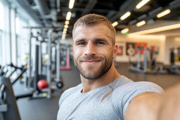 Obraz premium Young man taking a selfie in a gym with exercise equipment