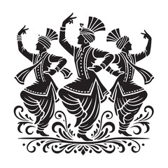 Bhangra Silhouette Vector Illustration, Solid White Background.