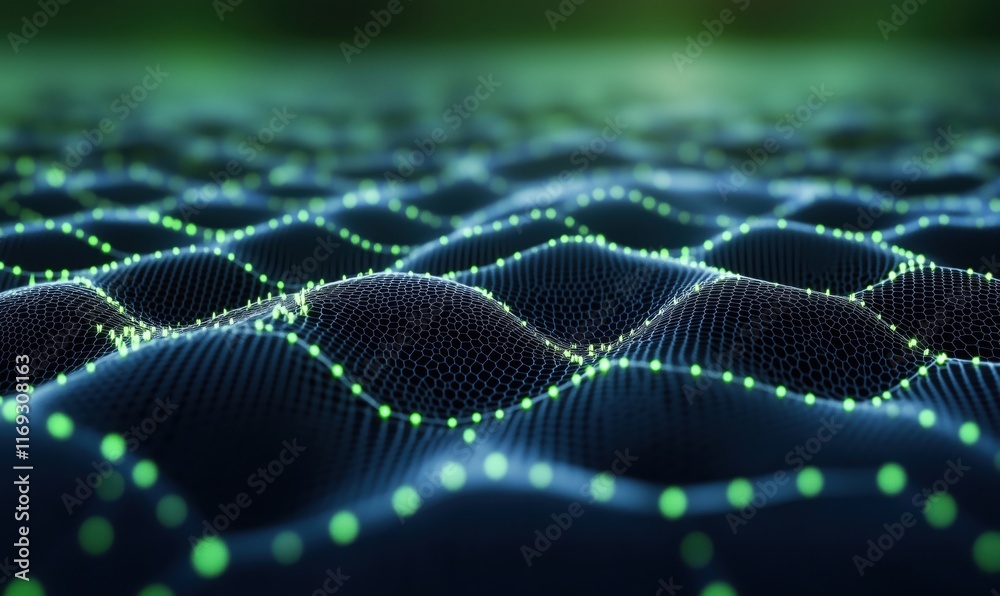 Poster 3d abstract representation of wavy surface with green dots and mesh structure, digital visualization