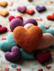 Obraz premium Felt 3D Valentine’s Day hearts on a light-colored background with scattered smaller hearts