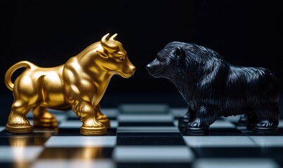 Bull and Bear Chess Pieces Symbolizing Market Dynamics and Financial Strategies