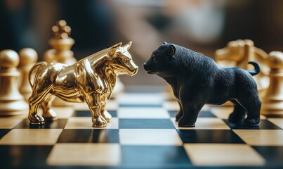 Bull and Bear Figures on Chessboard Symbolizing Market Dynamics and Financial Strategies