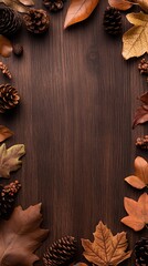 Autumn leaves and pine cones arranged on a dark wood background. A perfect fall image for Thanksgiving or autumnal designs.  Warm, earthy tones.