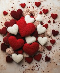 Obraz premium Felt 3D Valentine’s Day hearts on a light-colored background with scattered smaller hearts