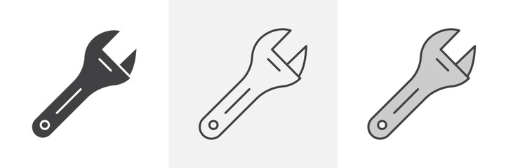Adjustable wrench icons in black and colored versions