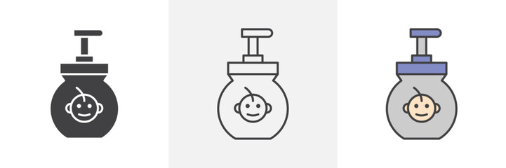 Baby shampoo icons in black and colored versions