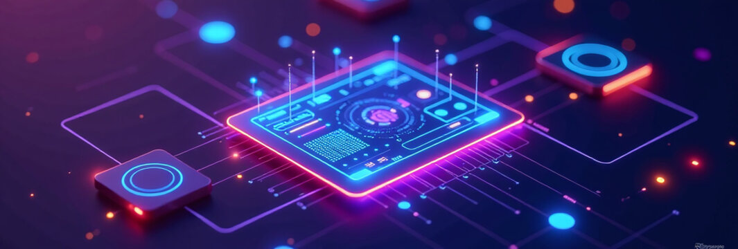 holographic interfaces float dark purple backdrop neon highlights amidst digital art technical