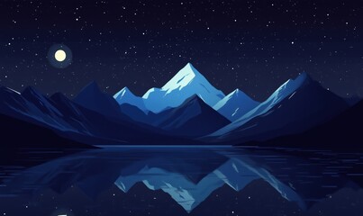 Fototapeta premium Majestic mountain landscape under starry night sky with moonlight reflection on calm lake surface