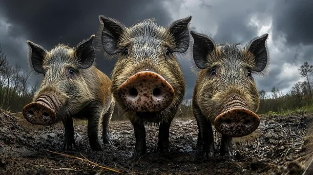 Three wild boars are observed from a low angle, showcasing their distinct features and muddy surroundings. The stormy sky adds an intense atmosphere to this wild encounter.
