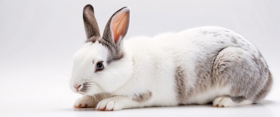 A young rabbit lying down in a relaxed pose on a spotless white background