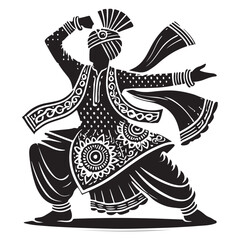 Bhangra Silhouette Vector Illustration, Solid White Background.
