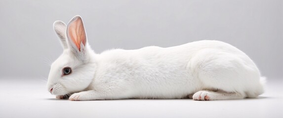 A young rabbit lying down in a relaxed pose on a spotless white background