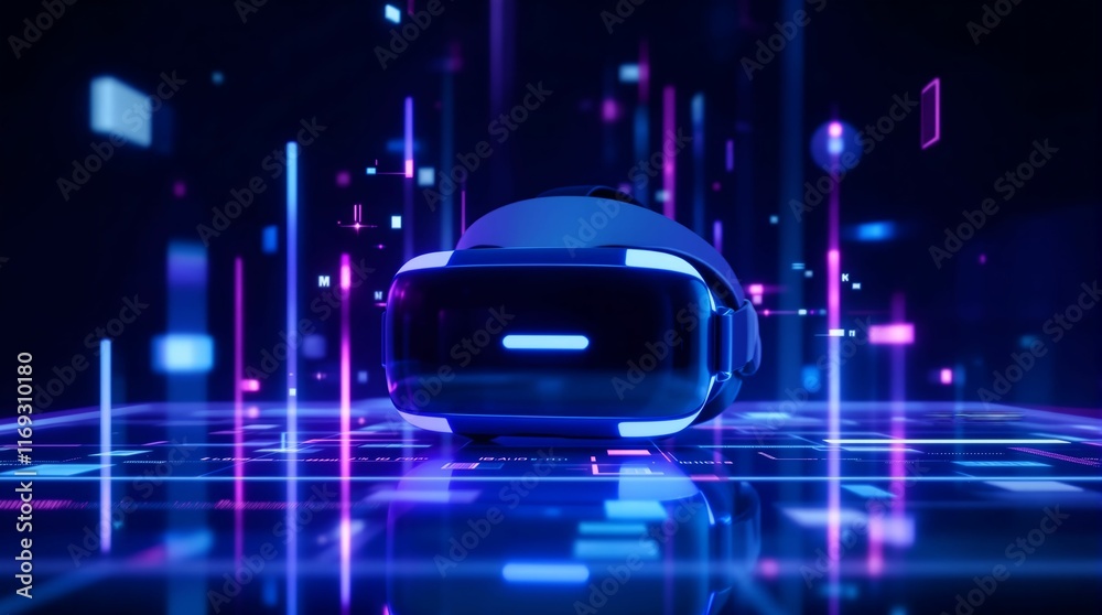 Poster futuristic scene with a virtual reality headset at the center, surrounded by glowing lines and digital elements, suggesting a high-tech environment.