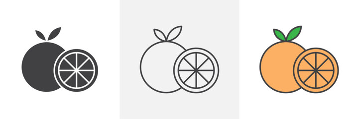 Citrus fruit icons in black and colored versions