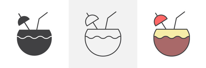 Coconut drink icons in black and colored versions