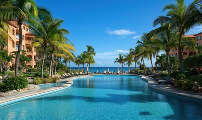 Obraz premium Tropical resort pool surrounded by palm trees and ocean view, luxurious vacation destination with clear blue skies and inviting lounge chairs