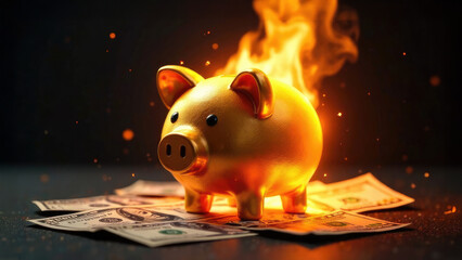 Burning piggy bank on paper bills on dark background. Concept Financial crisis, high interest rate, bankruptcy, investment failure, savings, inflation