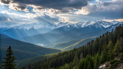 Fototapeta premium Panoramic view of Bavarian Alps from Wank mountain in Garmisch-Partenkirchen, Germany, The view from the height of the green mountain valley surrounded by high mountains. Snow-capped mountain peaks on