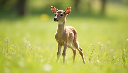 Young fawn standing in a sunny meadow surrounded by green grass