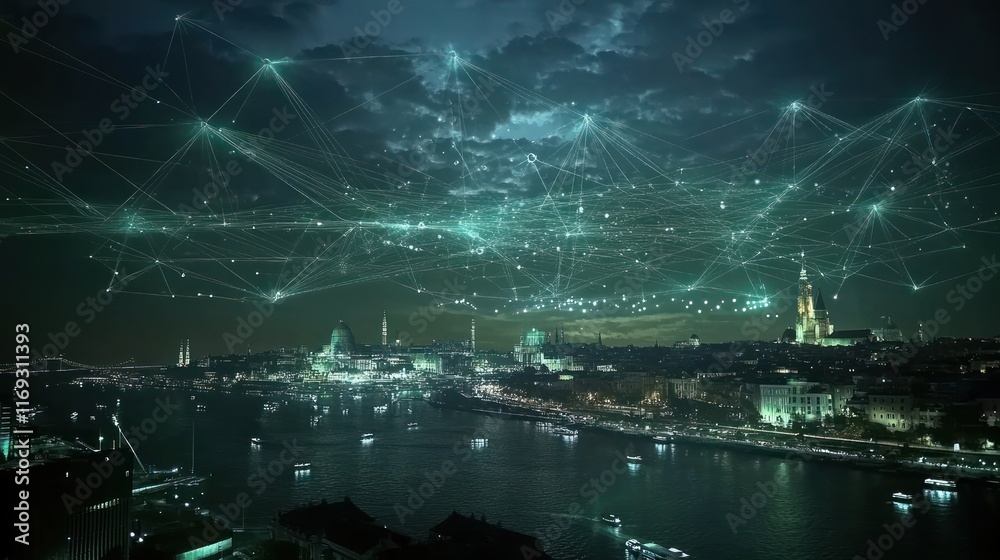 Poster a futuristic cityscape illuminated by digital connections and networks above the skyline.