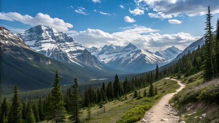 Obraz premium Panoramic view of Bavarian Alps from Wank mountain in Garmisch-Partenkirchen, Germany, The view from the height of the green mountain valley surrounded by high mountains. Snow-capped mountain peaks on