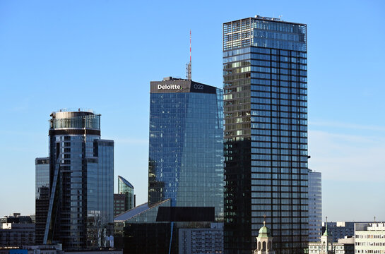 Warsaw, Poland, Europe - 12.2024 : from left: Spectrum Tower 122 m high TP SA Headquarters, Q22 195 m high skyscraper Deloitte Headquarters, Cosmopolitan tower 160 m high residential skyscraper