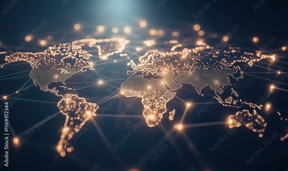Poster digital world map with glowing connections representing global networking and data flow across conti