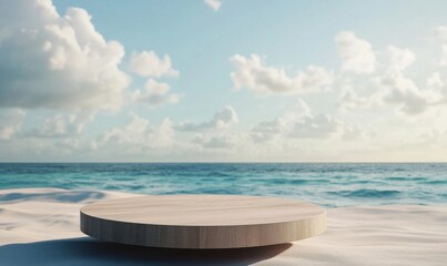 Wooden platform on sandy beach with ocean view and cloudy sky, perfect for presentations or displays