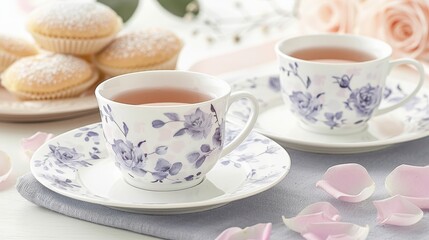 Charming tea gathering with delicate cups, delectable desserts, and rose petals in a warm glow