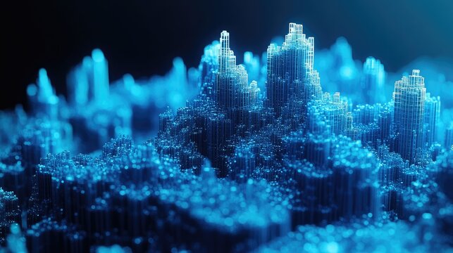 Abstract cityscape of glowing blue extruded cubes resembling skyscrapers. Ideal for technology or futuristic themes.