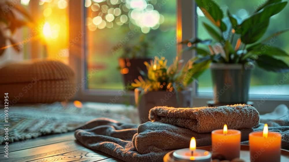 Poster Soft towels and lit candles are arranged neatly in a serene setting with plants and natural light streaming through a window, creating an inviting atmosphere for relaxation and wellness.