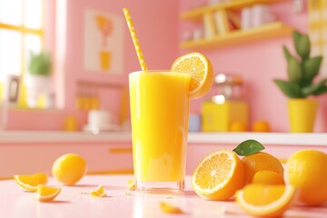 A pixel art animation of a glass of orange juice with pixelated oranges and a straw, set on a bright retro kitchen table
