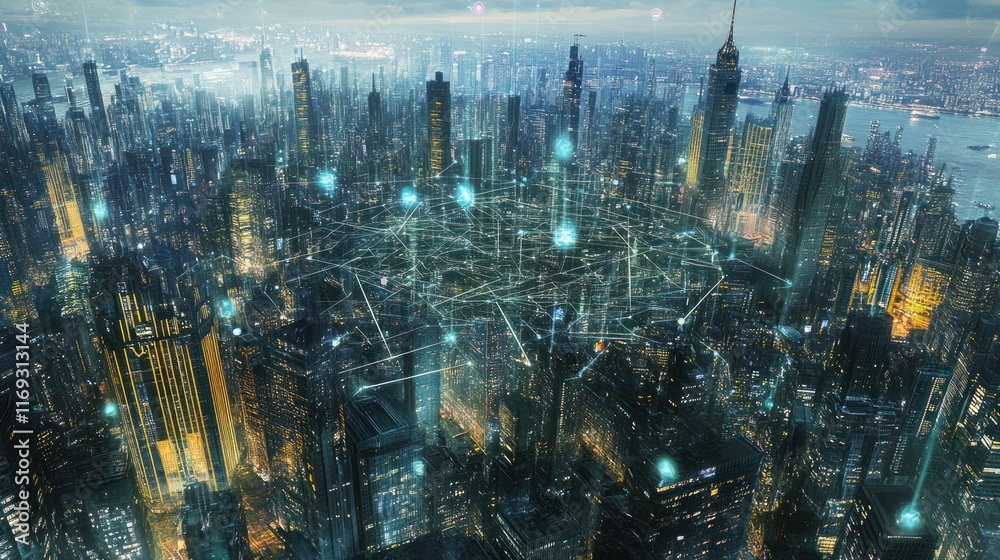 Aufkleber a futuristic cityscape illuminated with a network of connections and digital overlays.