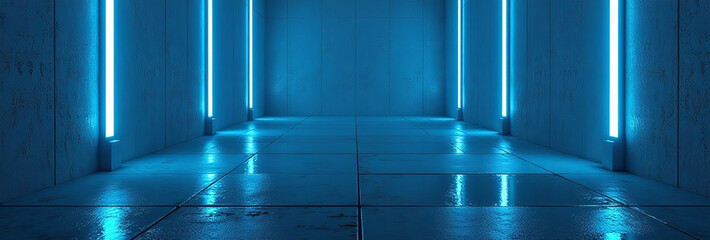 neon blue line tubes glow grungy concrete floor empty room futuristic reflections rendering