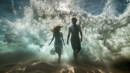 Obraz premium Silhouetted couple adventurously exploring a dramatic moody and surreal waterfront landscape with crashing waves mist and ethereal lighting