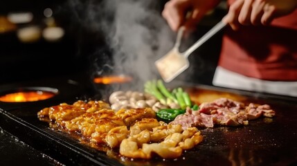 Chef preparing japanese food on hibachi grill in restaurant