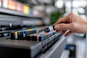 A close-up view of a hand refilling a color ink cartridge, showcasing the vibrant colors and precision required for printer maintenance and printing quality.