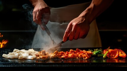 Chef preparing japanese food on hibachi grill with flames and smoke