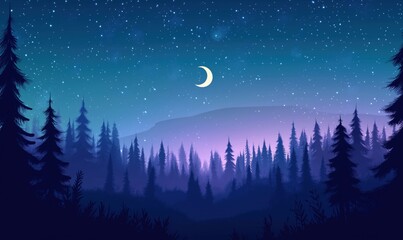 Starry Night Sky Over Silhouetted Pine Forest with Crescent Moon and Misty Mountains